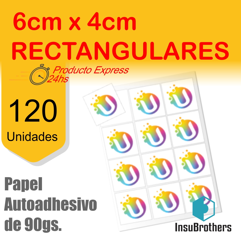 Stickers Autoadhesivos x 120 Full Color Papel Rectangulares 6 x 4 cm