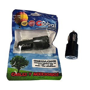 Cargador 12 Volts para Auto tipo Bullet con 2 USB Negro Global